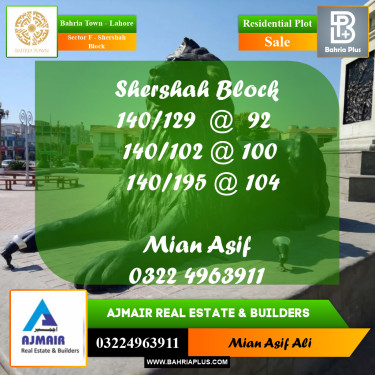 Residential Plot for Sale in Sector F - Shershah Block -  Bahria Town, Lahore - (BP-201172)
