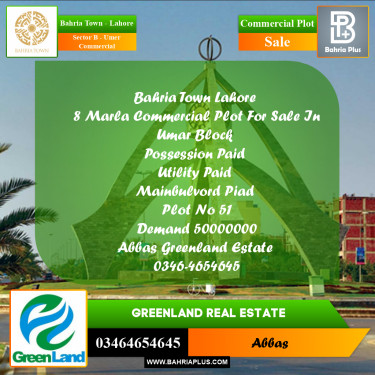 8 Marla Commercial Plot for Sale in Sector B - Umer Commercial -  Bahria Town, Lahore - (BP-201273)
