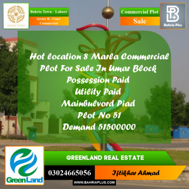 8 Marla Commercial Plot for Sale in Sector B - Umer Commercial -  Bahria Town, Lahore - (BP-201449)