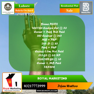 Residential Plot for Sale in Bahria Orchard, Lahore - (BP-201760)