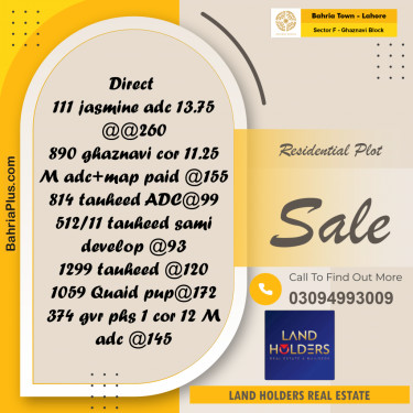Residential Plot for Sale in Sector F - Ghaznavi Block -  Bahria Town, Lahore - (BP-202104)