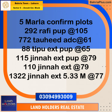 Residential Plot for Sale in Sector E - Jinnah Ext. Block -  Bahria Town, Lahore - (BP-202106)