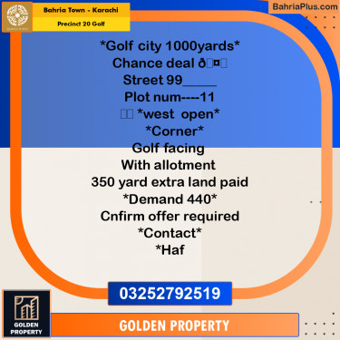1000 Sq. Yards Residential Plot for Sale in Precinct 20 Golf -  Bahria Town, Karachi - (BP-202125)
