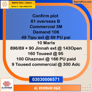 5 Marla Residential Plot for Sale in Sector F - Tipu Sultan Ext. -  Bahria Town, Lahore - (BP-202493)