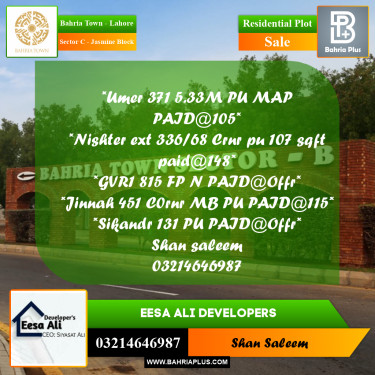 Residential Plot for Sale in Sector C - Jasmine Block -  Bahria Town, Lahore - (BP-202599)