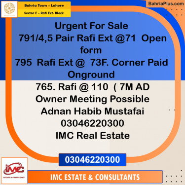 Residential Plot for Sale in Sector E - Rafi Ext. Block -  Bahria Town, Lahore - (BP-202619)