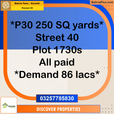 250 Sq. Yards Residential Plot for Sale in Precinct 30 -  Bahria Town, Karachi - (BP-202838)