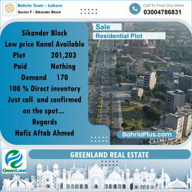 1 Kanal Residential Plot for Sale in Sector F - Sikander Block -  Bahria Town, Lahore - (BP-203058)