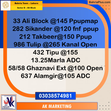 8 Marla Residential Plot for Sale in Sector B - Ali Block -  Bahria Town, Lahore - (BP-203857)