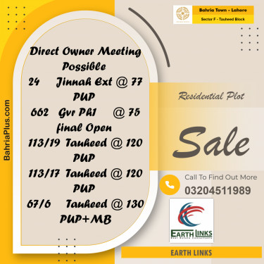 5 Marla Residential Plot for Sale in Sector F - Tauheed Block -  Bahria Town, Lahore - (BP-204465)