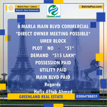 Commercial Plot for Sale in Sector B - Umer Commercial -  Bahria Town, Lahore - (BP-204589)