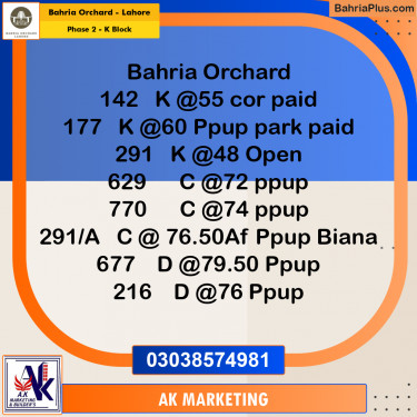 Residential Plot for Sale in Phase 2 - K Block -  Bahria Orchard, Lahore - (BP-204728)