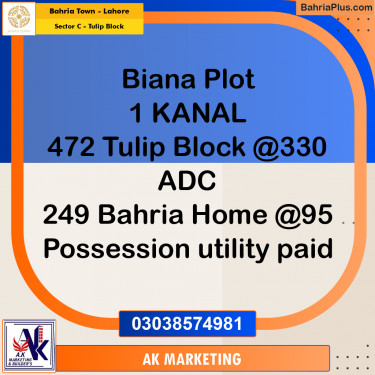 1 Kanal Residential Plot for Sale in Sector C - Tulip Block -  Bahria Town, Lahore - (BP-204730)