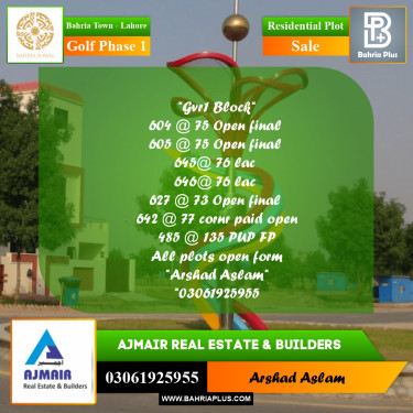 Residential Plot for Sale in Golf Phase 1 -  Bahria Town, Lahore - (BP-205199)
