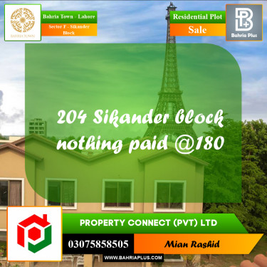1 Kanal Residential Plot for Sale in Sector F - Sikander Block -  Bahria Town, Lahore - (BP-206093)