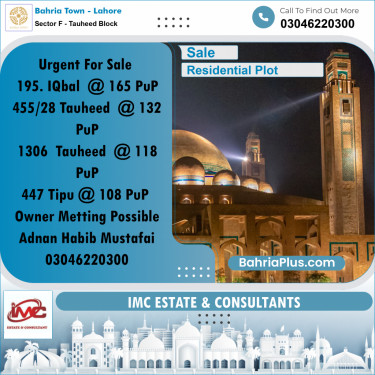 Residential Plot for Sale in Sector F - Tauheed Block -  Bahria Town, Lahore - (BP-206212)