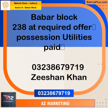 Residential Plot for Sale in Sector A - Babar Block -  Bahria Town, Lahore - (BP-206385)