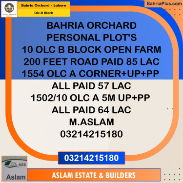 8 Marla Residential Plot for Sale in OLC-B Block -  Bahria Orchard, Lahore - (BP-206391)