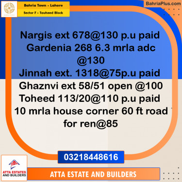 10 Marla Residential Plot for Sale in Sector F - Tauheed Block -  Bahria Town, Lahore - (BP-206502)