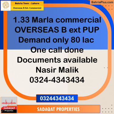 1.33 Marla Commercial Plot for Sale in Overseas B Ext. Commercial -  Bahria Town, Lahore - (BP-207238)