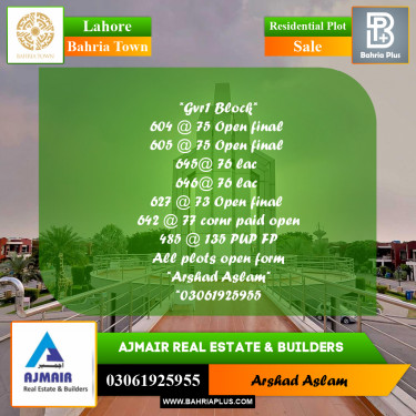 Residential Plot for Sale in Bahria Town, Lahore - (BP-207259)