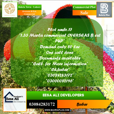 1.33 Marla Commercial Plot for Sale in Overseas B Ext. Commercial -  Bahria Town, Lahore - (BP-207456)