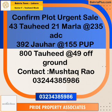 10 Marla Residential Plot for Sale in Sector F - Tauheed Block -  Bahria Town, Lahore - (BP-207626)