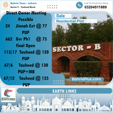 10 Marla Residential Plot for Sale in Sector F - Tauheed Block -  Bahria Town, Lahore - (BP-207850)