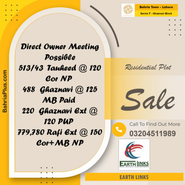 10 Marla Residential Plot for Sale in Sector F - Ghaznavi Block -  Bahria Town, Lahore - (BP-208128)