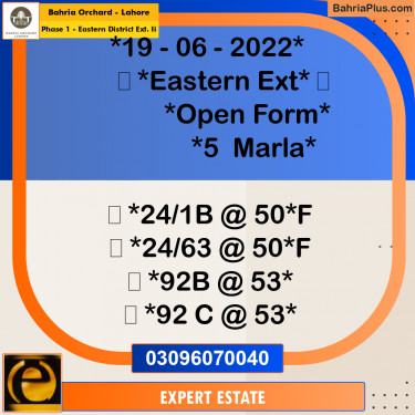 5 Marla Residential Plot for Sale in Phase 1 - Eastern District Ext. II -  Bahria Orchard, Lahore - (BP-208557)
