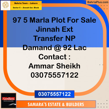 5 Marla Residential Plot for Sale in Sector E - Jinnah Ext. Block -  Bahria Town, Lahore - (BP-208926)