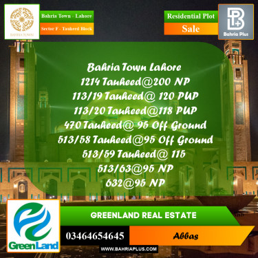 10 Marla Residential Plot for Sale in Sector F - Tauheed Block -  Bahria Town, Lahore - (BP-209238)