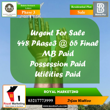 8 Marla Residential Plot for Sale in Phase 3 -  Bahria Orchard, Lahore - (BP-209813)