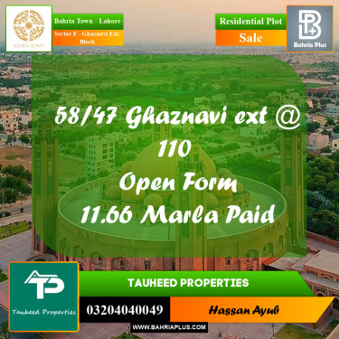 11.66 Marla Residential Plot for Sale in Sector F - Ghaznavi Ext. Block -  Bahria Town, Lahore - (BP-209853)