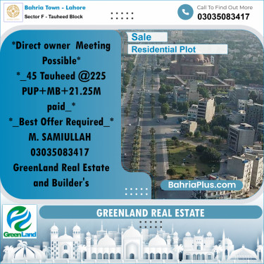 1 Kanal Residential Plot for Sale in Sector F - Tauheed Block -  Bahria Town, Lahore - (BP-209876)