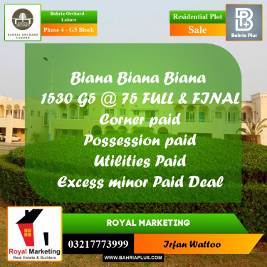10 Marla Residential Plot for Sale in Phase 4 - G5 Block -  Bahria Orchard, Lahore - (BP-209933)