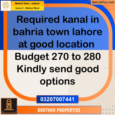 1 Kanal Residential Plot for Sale in Sector E - Nishtar Block -  Bahria Town, Lahore - (BP-210181)