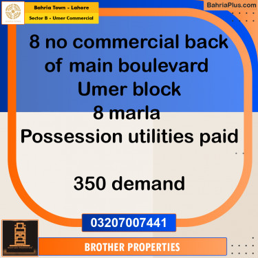 8 Marla Commercial Plot for Sale in Sector B - Umer Commercial -  Bahria Town, Lahore - (BP-210496)
