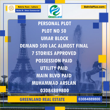 8 Marla Commercial Plot for Sale in Sector B - Umer Commercial -  Bahria Town, Lahore - (BP-210498)