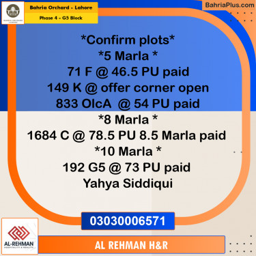 10 Marla Residential Plot for Sale in Phase 4 - G5 Block -  Bahria Orchard, Lahore - (BP-210608)
