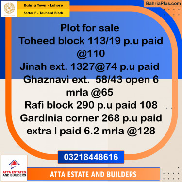 10 Marla Residential Plot for Sale in Sector F - Tauheed Block -  Bahria Town, Lahore - (BP-211385)