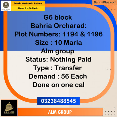 10 Marla Residential Plot for Sale in Phase 4 - G6 Block -  Bahria Orchard, Lahore - (BP-211697)