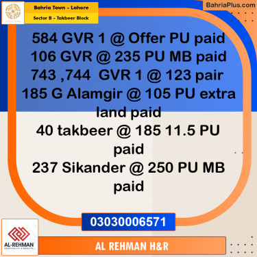 11 Marla Residential Plot for Sale in Sector B - Takbeer Block -  Bahria Town, Lahore - (BP-211919)