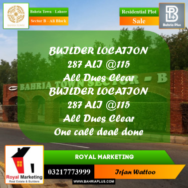 Residential Plot for Sale in Sector B - Ali Block -  Bahria Town, Lahore - (BP-212080)
