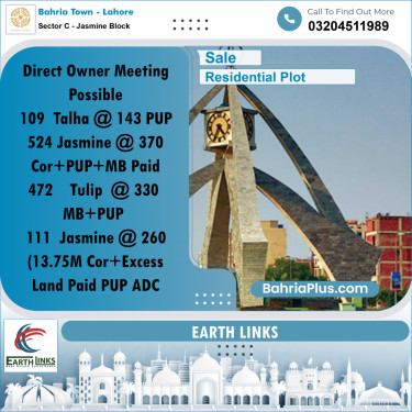 1 Kanal Residential Plot for Sale in Sector C - Jasmine Block -  Bahria Town, Lahore - (BP-212107)