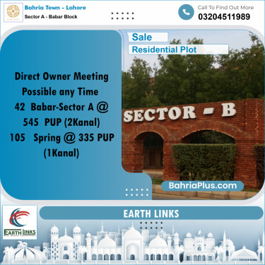 2 Kanal Residential Plot for Sale in Sector A - Babar Block -  Bahria Town, Lahore - (BP-212359)