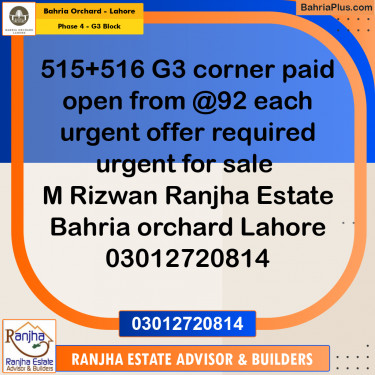 10 Marla Residential Plot for Sale in Phase 4 - G3 Block -  Bahria Orchard, Lahore - (BP-212376)