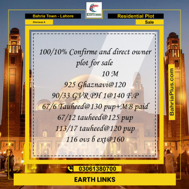 10 Marla Residential Plot for Sale in Overseas A -  Bahria Town, Lahore - (BP-212585)
