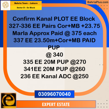 23.75 Marla Residential Plot for Sale in Sector D - EE Block -  Bahria Town, Lahore - (BP-212774)