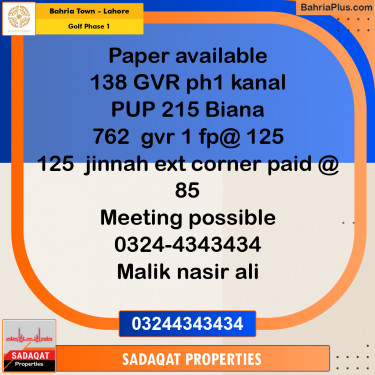 1 Kanal Residential Plot for Sale in Golf Phase 1 -  Bahria Town, Lahore - (BP-213054)